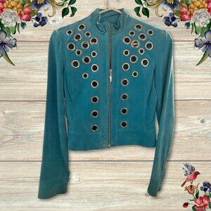 Rare find! Vintage 90s. Cache Turquoise Suede Leather Jacket. Size 2
